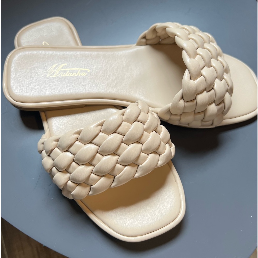 Cream, braided sandals in size 7. Fits like 7W.